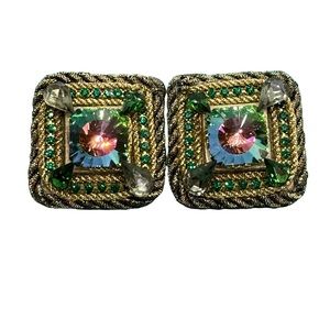Vintage 80’s Maya Evangelista Clip Geometric Rivoli Rhinestone Square Earrings